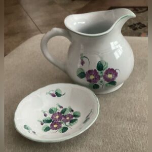 Rare Herend Porcelain Pottery-Milk Pitcher & Matching Cereal Bowl Violets